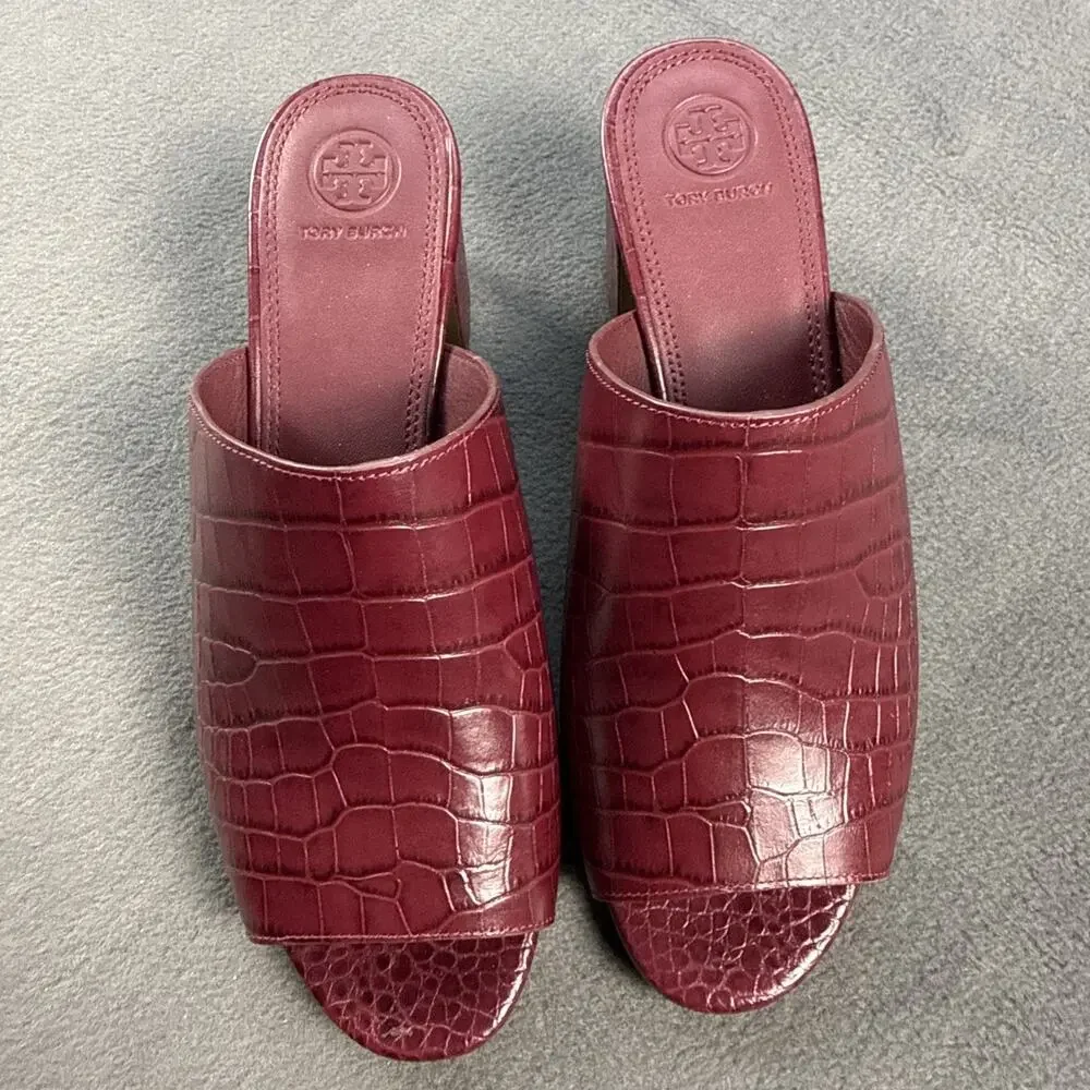 TORY BURCH MARTINE croco emboss slide sandal Burguny Claret Size 9C